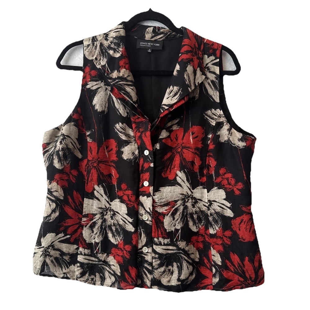 Jones NY Collection Floral Linen Silk Sleeveless Button Up Vest Blouse 14 Boho